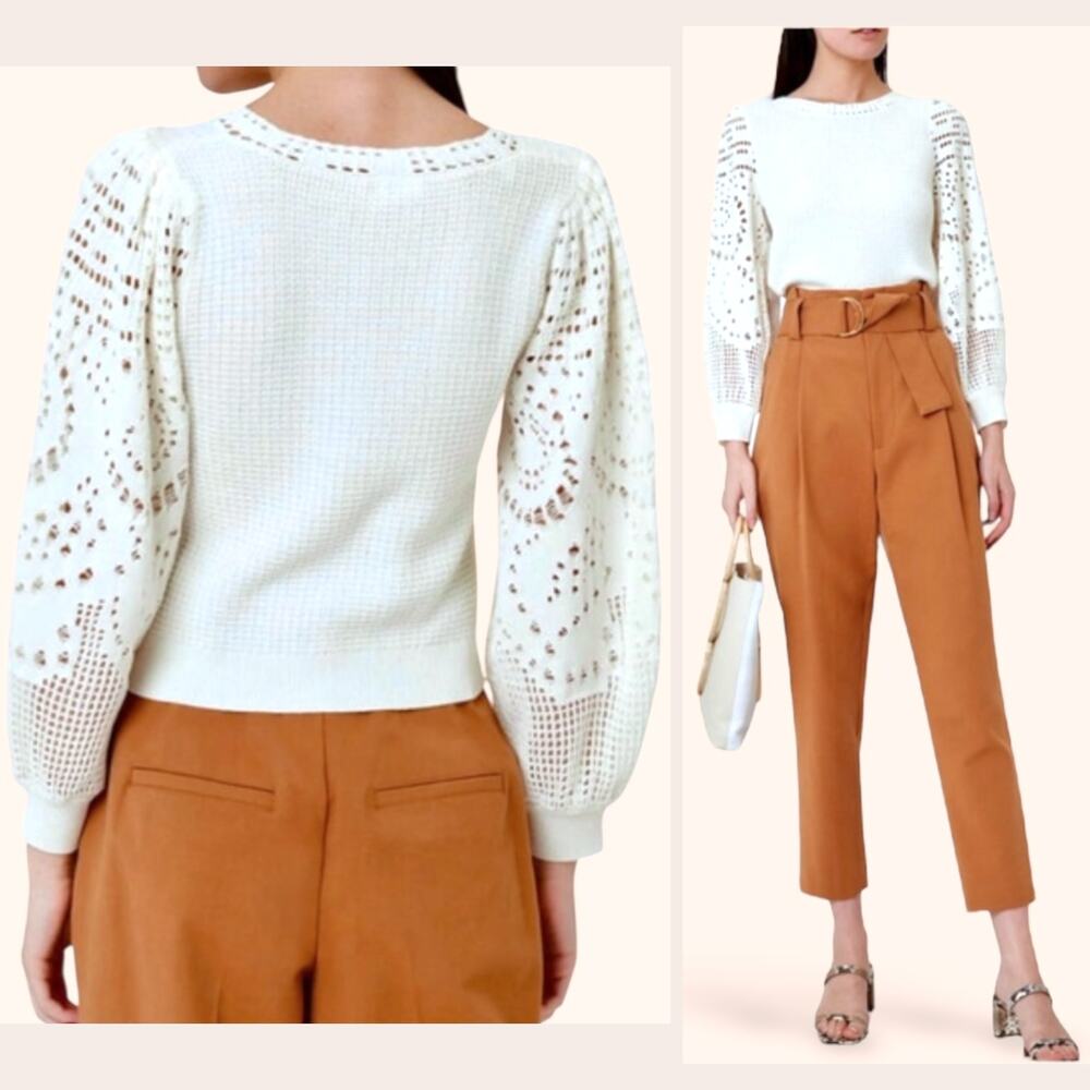 A.L.C. Sandra Cropped Sweater Ivory Perforated Crochet Blouson Sleeve Coquette